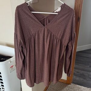 Smocked Texture Brown V-Neck Long Sleeve Blouse